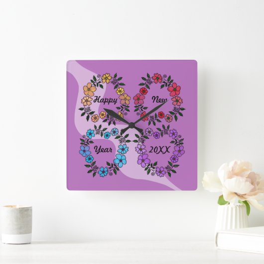 20パーソナライズされたXX年おめでとう&花リース スクエア壁時計 (ホーム)