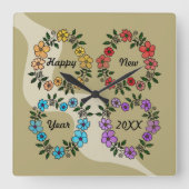 20パーソナライズされたXX年おめでとう&花リース スクエア壁時計 (正面)