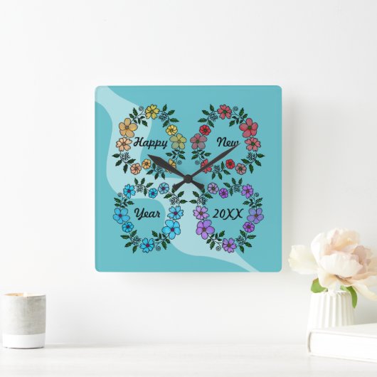 20パーソナライズされたXX年おめでとう&花リース スクエア壁時計 (ホーム)