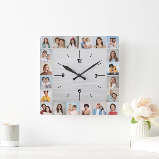 20フォトコラージュつや消しシルバーメタリック スクエア壁時計 (ホーム)