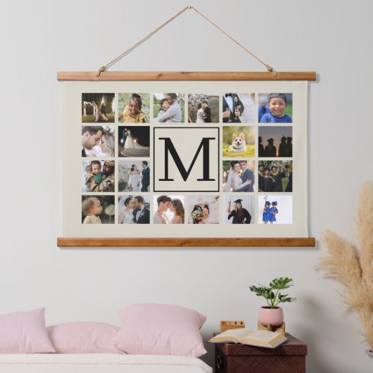 20フォトコラージュ黒とBiegeファミリー 吊り下げ型タペストリー (寝室)