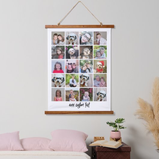 20フォトコラージュ – 下のファミリ文字 – 白 吊り下げ型タペストリー (寝室)