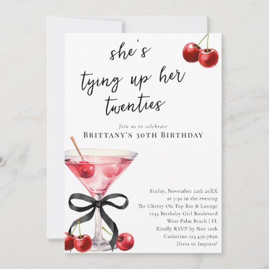 20代のさくらんぼを結ぶMartini 30歳の誕生日 招待状 (正面)