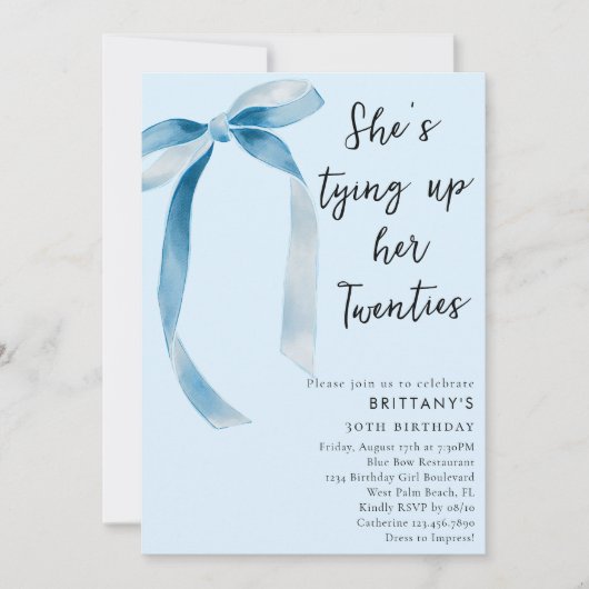 20代のシックなブルーボウを結ぶ30歳の誕生日パーティー 招待状 (正面)