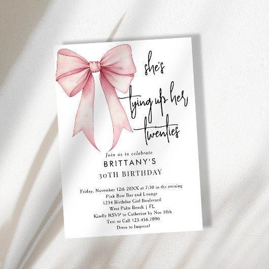 20代のピンクコケット弓を結ぶ30歳の誕生日 招待状