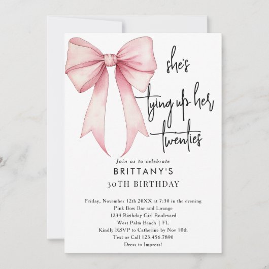 20代のピンクコケット弓を結ぶ30歳の誕生日 招待状 (正面)