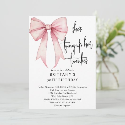 20代のピンクコケット弓を結ぶ30歳の誕生日 招待状 (スタンド正面)