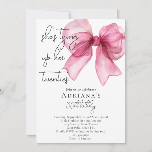 20代のピンクボウ30歳の誕生日 招待状 (正面)