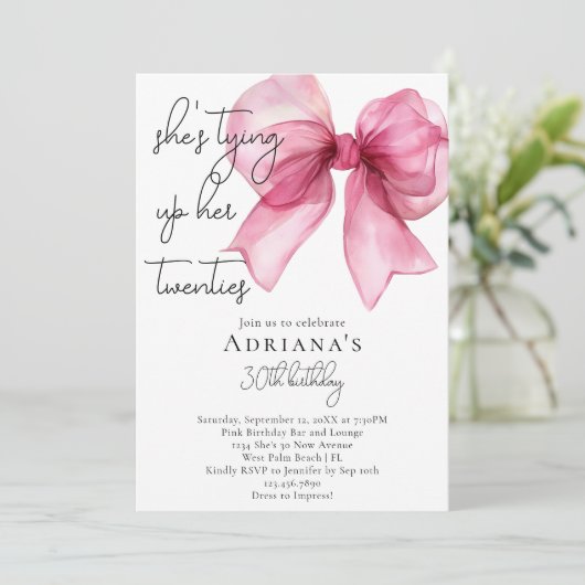 20代のピンクボウ30歳の誕生日 招待状 (スタンド正面)