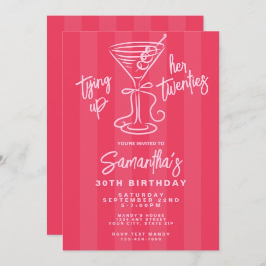 20代30歳の誕生日を迎えるピンク&レッド 招待状 (正面/裏面)