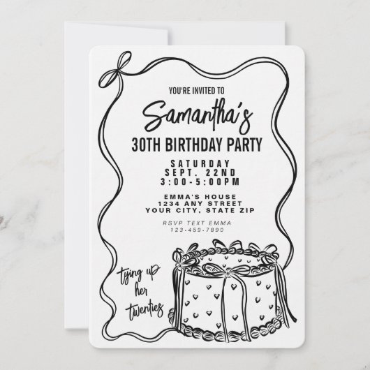 20代30歳の誕生日を迎えるブラックボウ 招待状 (正面)