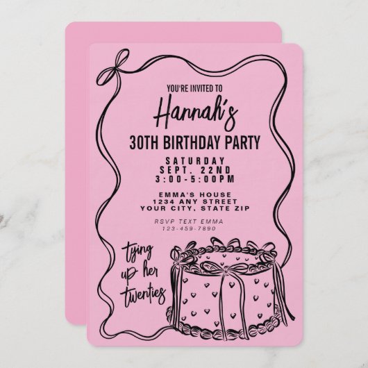 20代30歳の誕生日を迎えるブラックボウ 招待状 (正面/裏面)