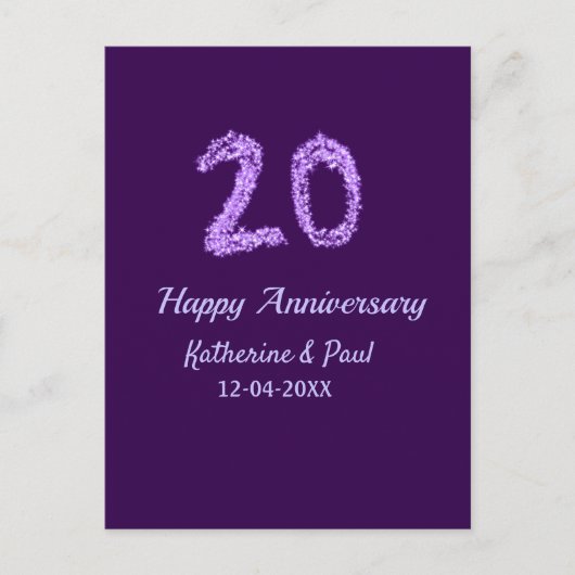 20周年おめでとうございます カップル名 日付 紫 ポストカード (正面)