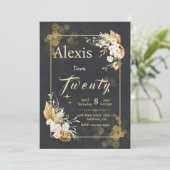 20周年を祝おう！エレガントなブラックの花模様 招待状 (スタンド正面)