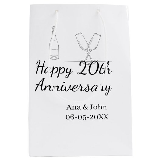 20周年記念のワインボトルとグラスの名前 ミディアムペーパーバッグ (正面)