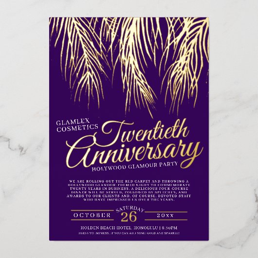 20周年記念グラマーパーティー金ゴールドパープルパーム 箔招待状 (正面)