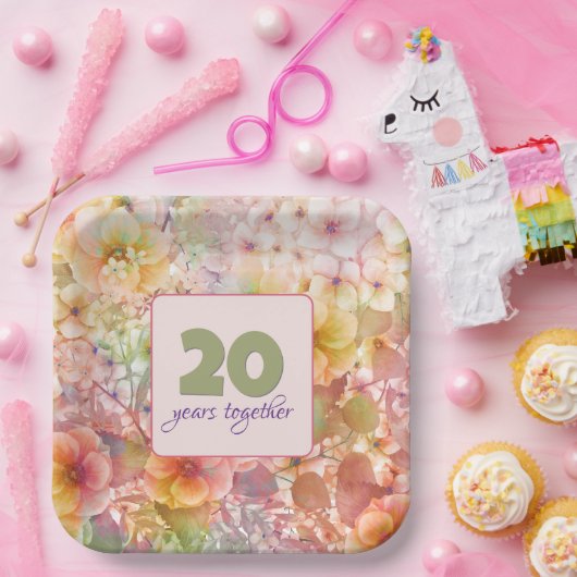 20周年記念コスモスフローラデザイン ペーパープレート (パーティー)