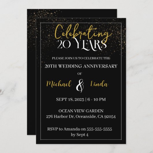 20周年記念結婚ブラック金ゴールドモダン 招待状 (正面/裏面)