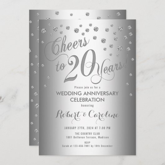 20周年記念結婚 – シルバエレガントーホワイト 招待状 (正面/裏面)