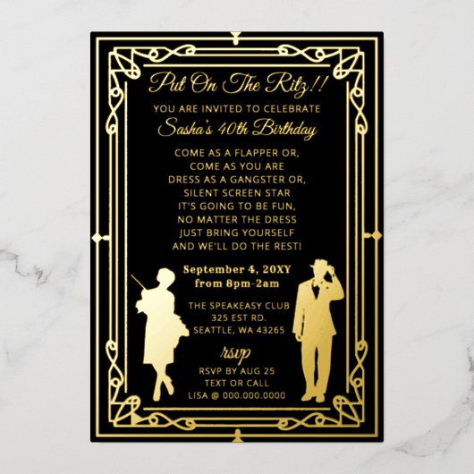 20年代のアート・デコ・フラッパーの女の子とギャング 箔招待状 (正面)