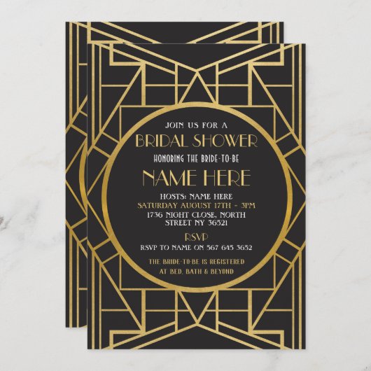 20年代のアールデコのブライダルシャワーのGatsbyのパーティーの招待 招待状 (正面/裏面)