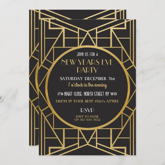 20年代のアールデコのGatsby大晦日のすばらしいパーティー 招待状 (正面/裏面)