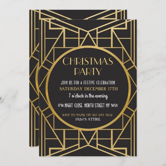 20年代のアールデコのGatsby 20sのクリスマス・パーティの金ゴールド 招待状 (正面/裏面)