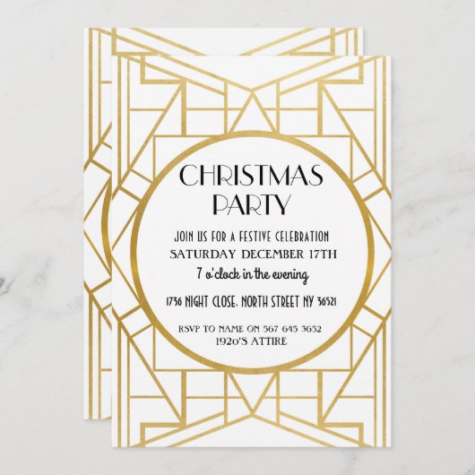 20年代のアールデコのGatsby 20sのクリスマス・パーティの金ゴールド 招待状 (正面/裏面)