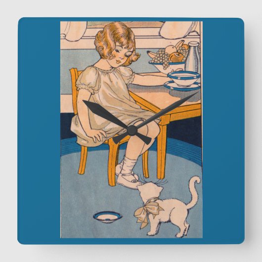 20年代の小さな女の子および彼女の小さく白い猫 スクエア壁時計 (正面)
