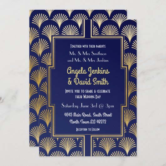 20年代海軍及び金ゴールドのアールデコファンのGatsbyの結婚式 招待状 (正面/裏面)