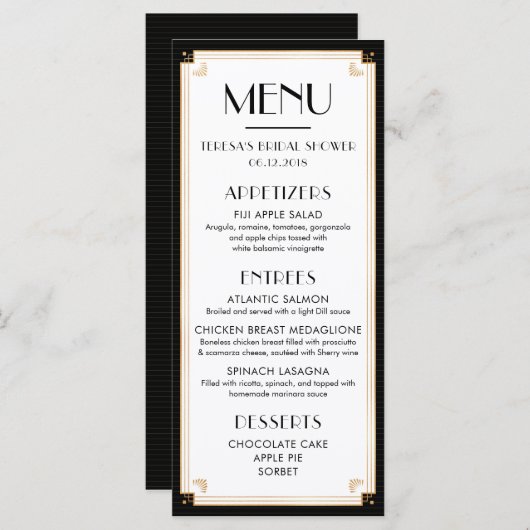 20年代、アールデコ、ブライダルシャワー、結婚式、メニュー メニュー (正面/裏面)