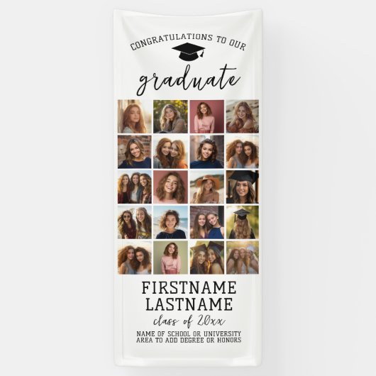 20枚の写真を使ったコラージュ モダンでミニマルな白のデザイン 卒業式に最適 横断幕 (縦)