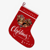 20枚の写真を飾るハート型のストッキング, おばあちゃん, おじいちゃん, ママ, パパ ラージクリスマスストッキング (正面 (吊り時))