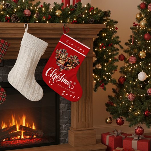 20枚の写真を飾るハート型のストッキング, おばあちゃん, おじいちゃん, ママ, パパ ラージクリスマスストッキング