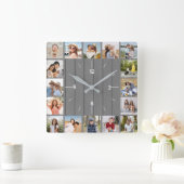 20枚の写真コラージュ フェイク グレー ウッド フェンス スクエア壁時計 (ホーム)