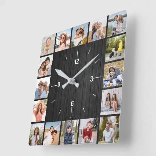 20枚の写真コラージュ フェイク ダーク ブラック ウッド フェンス スクエア壁時計 (傾斜)