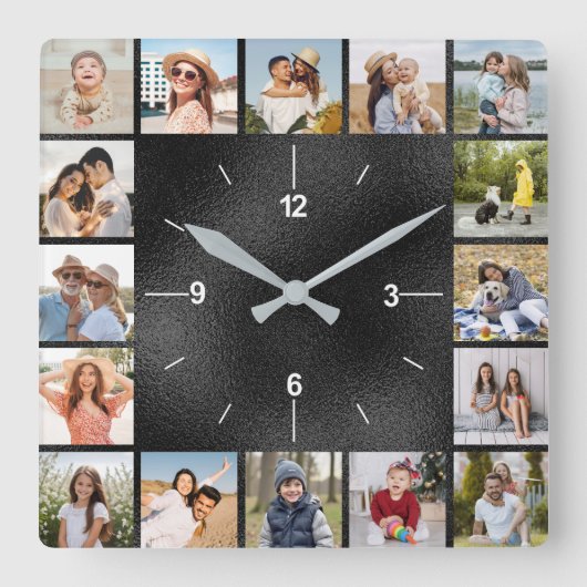 20枚の写真コラージュ 偽の黒いブラシ仕上げのメタリック箔 スクエア壁時計 (正面)