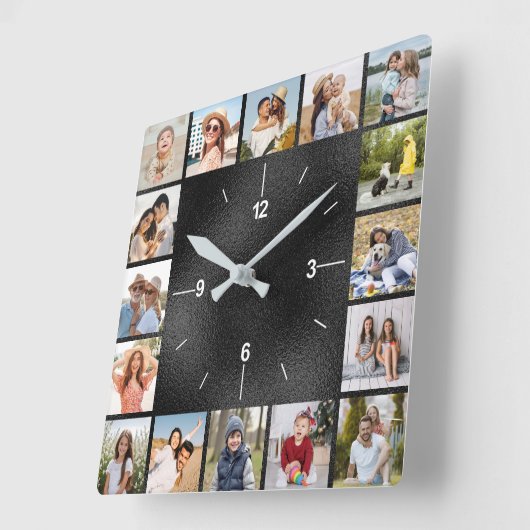 20枚の写真コラージュ 偽の黒いブラシ仕上げのメタリック箔 スクエア壁時計 (傾斜)