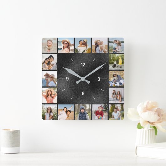 20枚の写真コラージュ 偽の黒いブラシ仕上げのメタリック箔 スクエア壁時計 (ホーム)