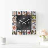 20枚の写真コラージュ 偽ブラック ブラッシュド メタルリック フォイル スクエア壁時計 (ホーム)