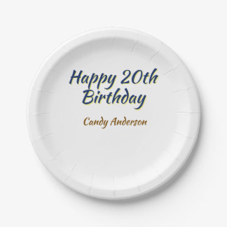 20歳のお誕生日おめでとう ブルー+イエロー+シンプル+ミニマルなデザイン ペーパープレート