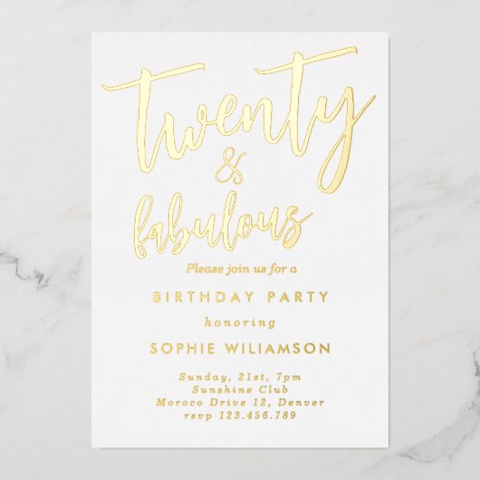 20歳の素晴らしい金ゴールドの誕生日 箔招待状 (正面)