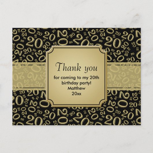 20歳の誕生日おめでとうゴールド/ブラックのナンバーパターン ポストカード (正面)