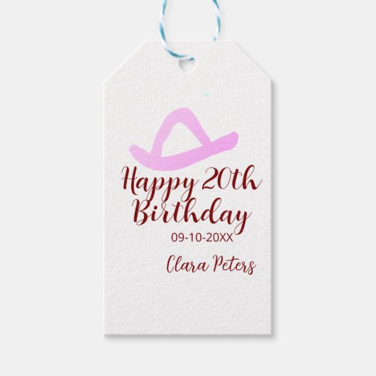 20歳の誕生日おめでとう ピンクのカウボーイ ガール 名前入り ギフトタグ (正面)