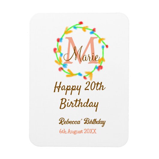 20歳の誕生日おめでとう 赤 名前 モノグラム リース マグネット (縦)