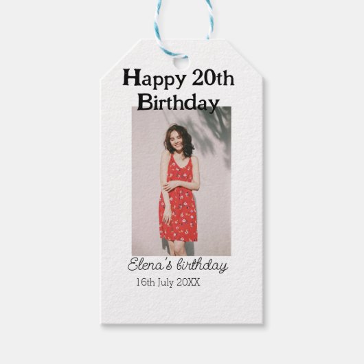 20歳の誕生日を迎える写真モダンシンプルのミニマル ギフトタグ (正面)