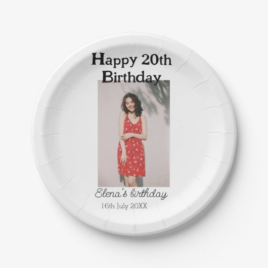 20歳の誕生日を迎える写真モダンシンプルのミニマル ペーパープレート (正面)
