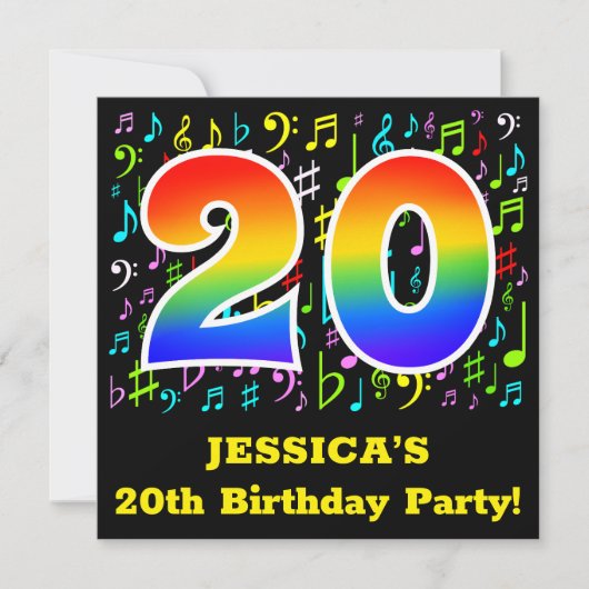 20歳の誕生日パーティー:おもしろいミュージックシンボル,レインボー20 招待状 (正面)