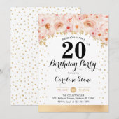 20歳の誕生日パーティー - ゴールドの花 招待状 (正面/裏面)