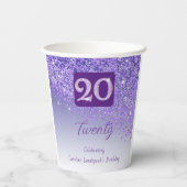 20歳の誕生日パーティー 輝くパープルグリッター 紙コップ (裏面)